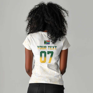Custom South Africa Cricket Champion Women V-Neck T-Shirt Gold Proteas - All White - African Pride