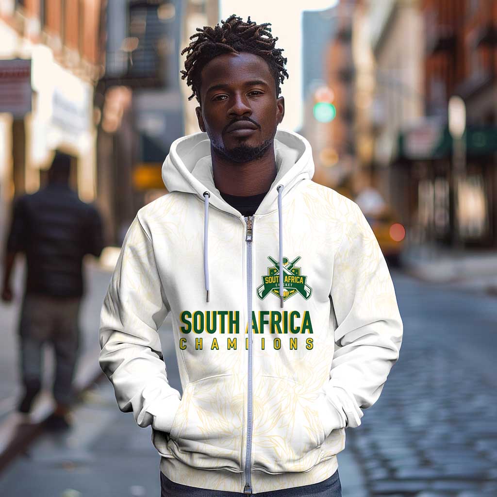 Custom South Africa Cricket Champion Zip Hoodie Gold Proteas - All White - African Pride
