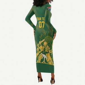 Custom South Africa Cricket Champion Long Sleeve Bodycon Dress Proteas Rock The World - African Pride