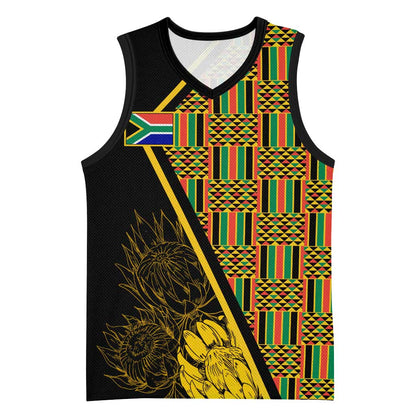 Personalised South African Heritage Day Basketball Jersey Kente Ethnic Patterns Mix Protea - African Pride