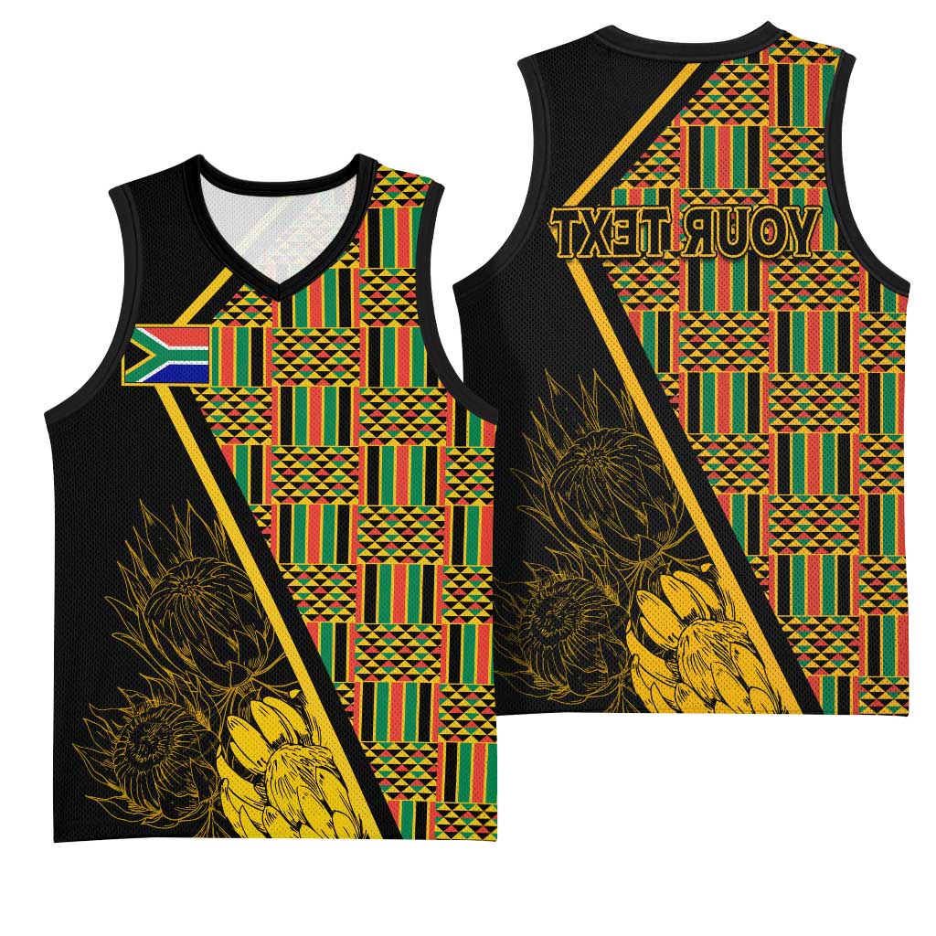Personalised South African Heritage Day Basketball Jersey Kente Ethnic Patterns Mix Protea - African Pride