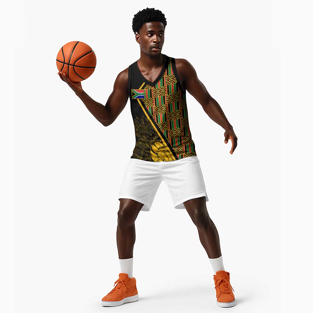 Personalised South African Heritage Day Basketball Jersey Kente Ethnic Patterns Mix Protea - African Pride