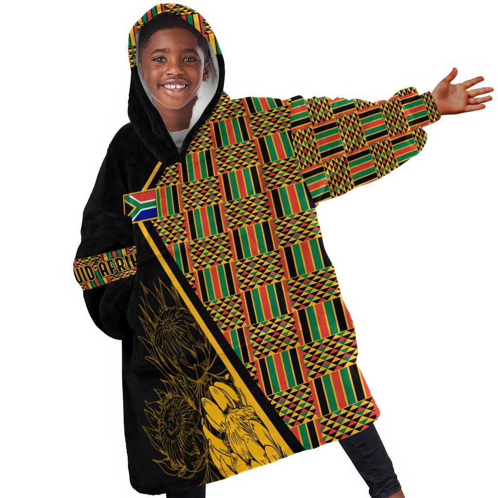 Personalised South African Heritage Day KId Wearable Blanket Hoodie Kente Ethnic Patterns Mix Protea