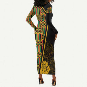 Personalised South African Heritage Day Long Sleeve Bodycon Dress Kente Ethnic Patterns Mix Protea LT7