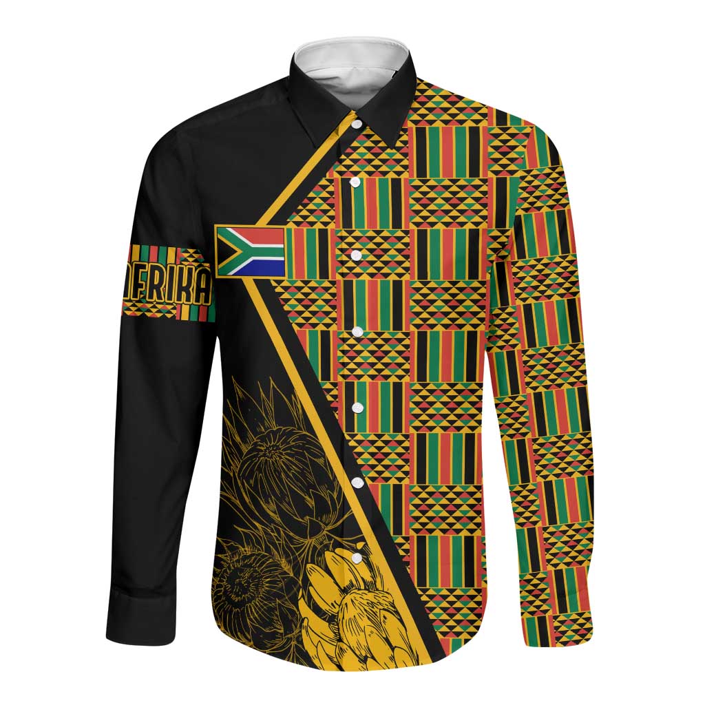 Personalised South African Heritage Day Long Sleeve Button Shirt Kente Ethnic Patterns Mix Protea