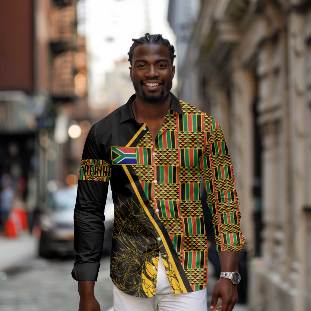 Personalised South African Heritage Day Long Sleeve Button Shirt Kente Ethnic Patterns Mix Protea