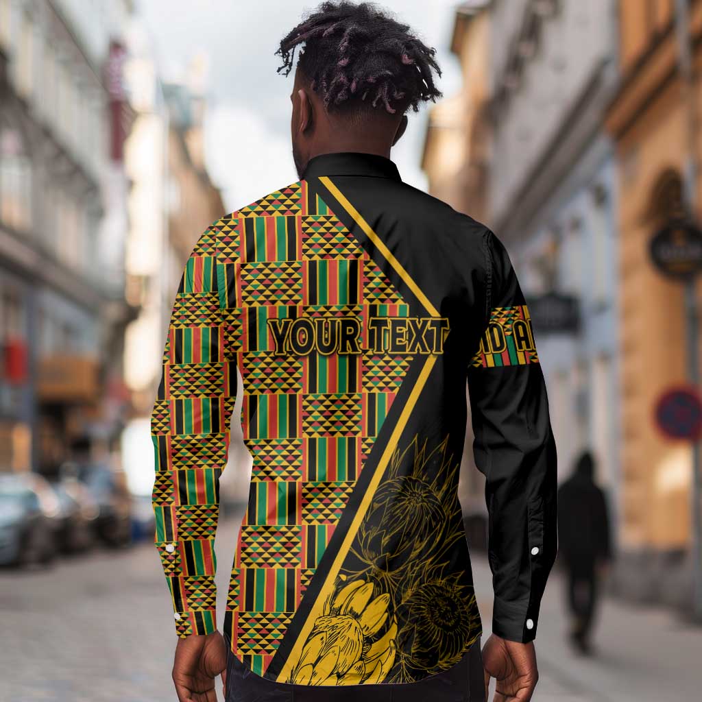 Personalised South African Heritage Day Long Sleeve Button Shirt Kente Ethnic Patterns Mix Protea