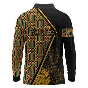 Personalised South African Heritage Day Long Sleeve Polo Shirt Kente Ethnic Patterns Mix Protea