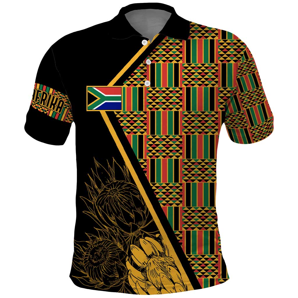 Personalised South African Heritage Day Polo Shirt Kente Ethnic Patterns Mix Protea