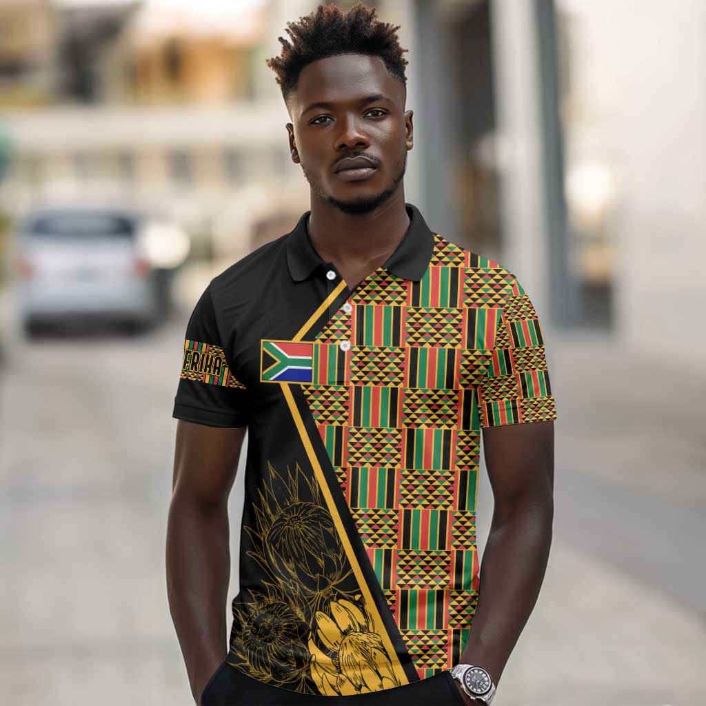 Personalised South African Heritage Day Polo Shirt Kente Ethnic Patterns Mix Protea