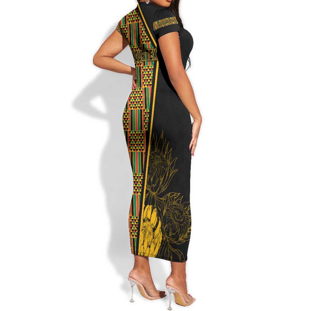 Personalised South African Heritage Day Short Sleeve Bodycon Dress Kente Ethnic Patterns Mix Protea