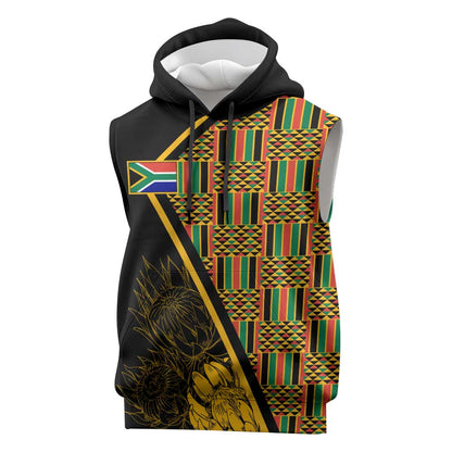 Personalised South African Heritage Day Sleeveless Hoodie Kente Ethnic Patterns Mix Protea - African Pride