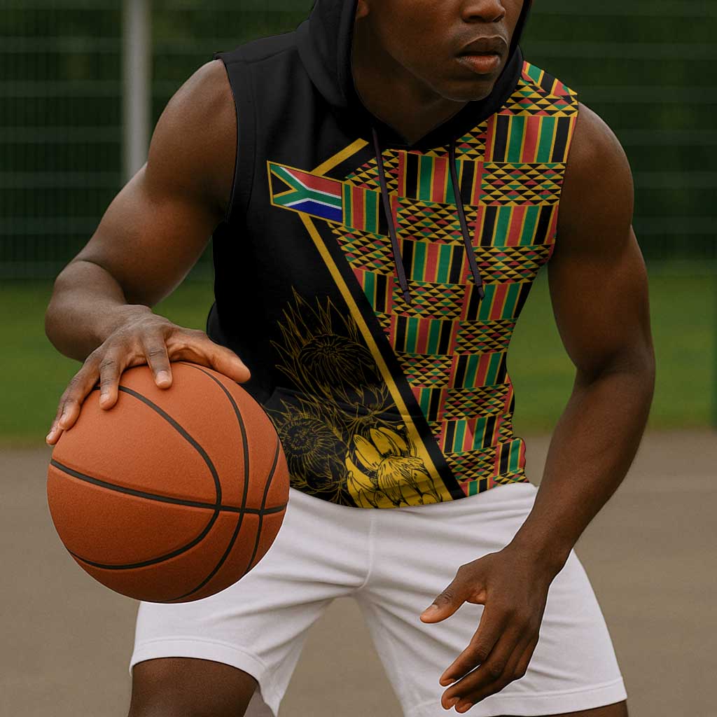 Personalised South African Heritage Day Sleeveless Hoodie Kente Ethnic Patterns Mix Protea - African Pride
