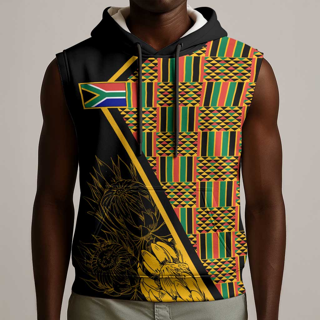 Personalised South African Heritage Day Sleeveless Hoodie Kente Ethnic Patterns Mix Protea - African Pride