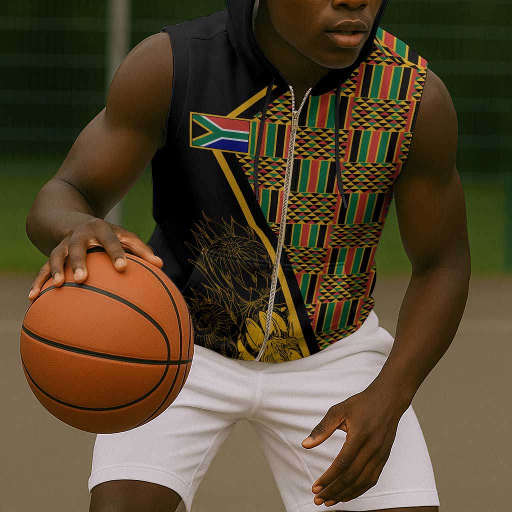 Personalised South African Heritage Day Sleeveless Zip Hoodie Kente Ethnic Patterns Mix Protea - African Pride