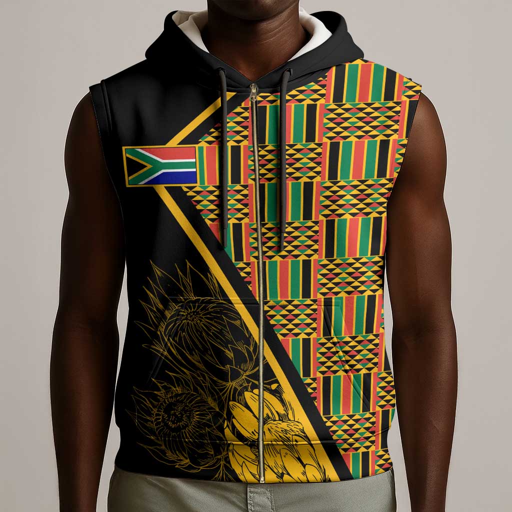 Personalised South African Heritage Day Sleeveless Zip Hoodie Kente Ethnic Patterns Mix Protea - African Pride