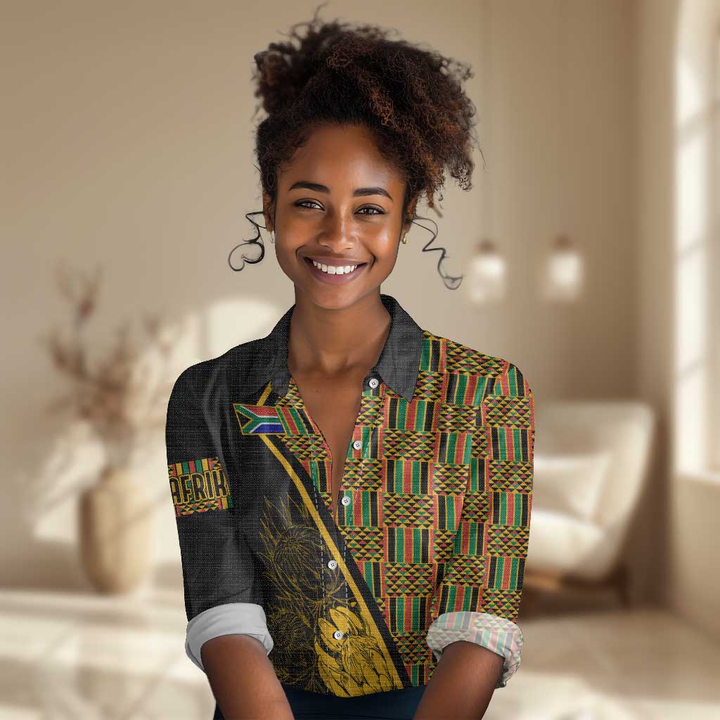 Personalised South African Heritage Day Women Casual Shirt Kente Ethnic Patterns Mix Protea LT7