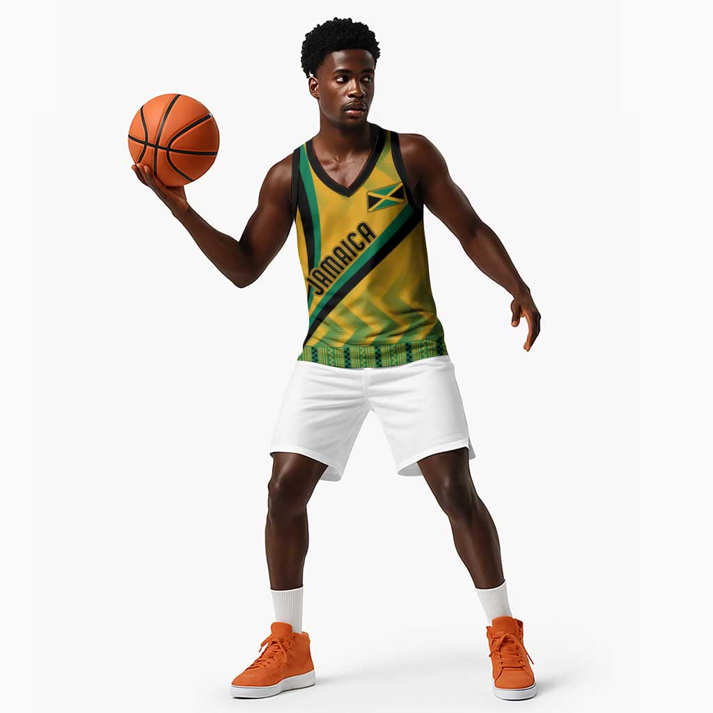 Personalised Jamaica Basketball Jersey Kente Pattern Basic - Yellow - African Pride
