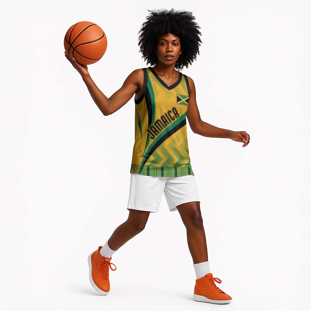 Personalised Jamaica Basketball Jersey Kente Pattern Basic - Yellow - African Pride