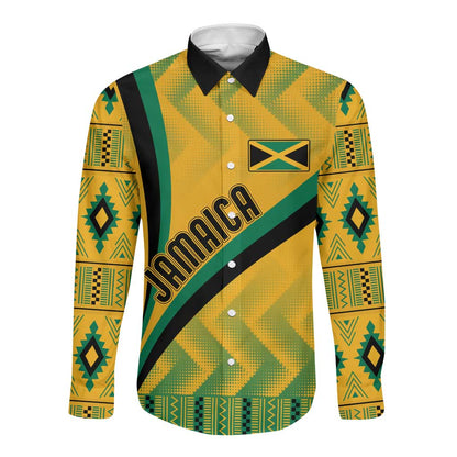 Personalised Jamaica Long Sleeve Button Shirt Kente Pattern Basic - Yellow