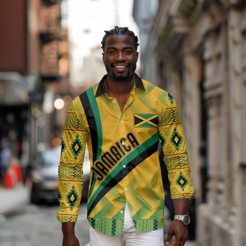 Personalised Jamaica Long Sleeve Button Shirt Kente Pattern Basic - Yellow