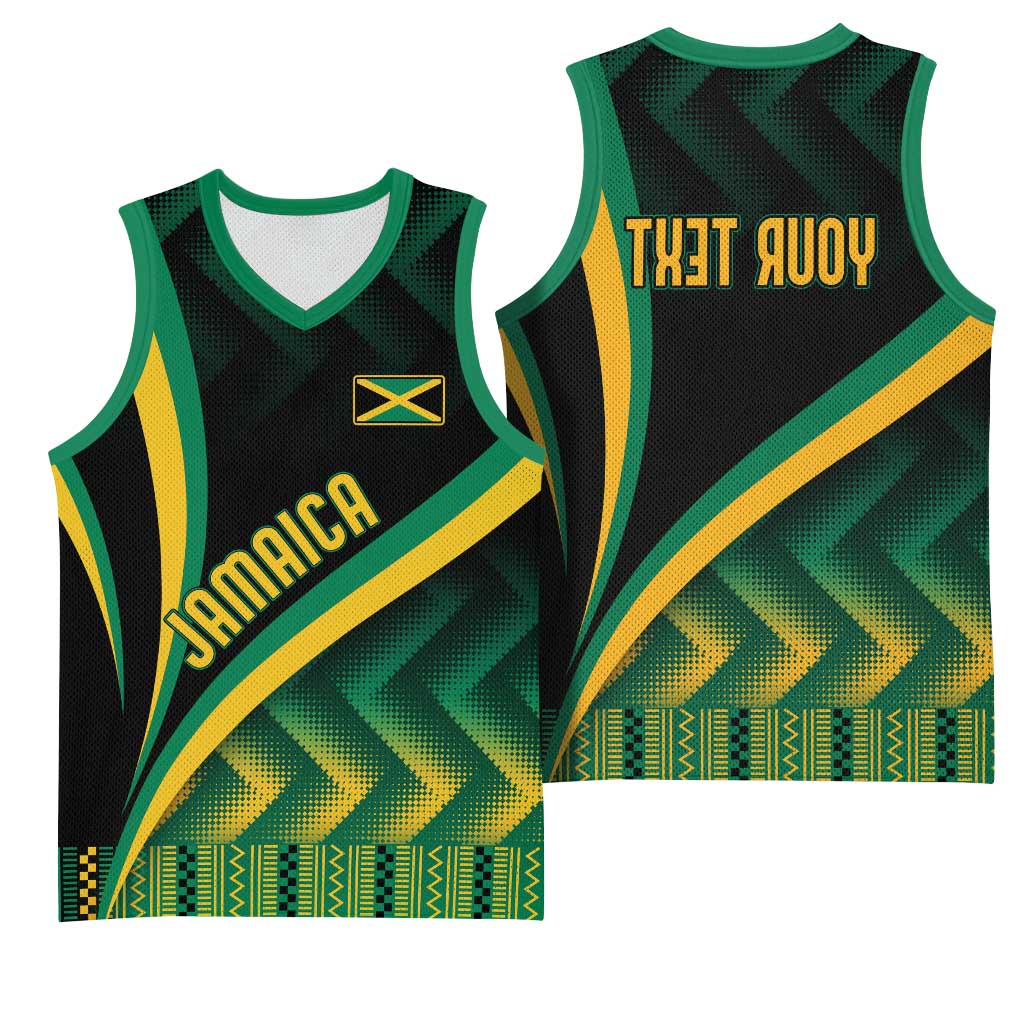 Personalised Jamaica Basketball Jersey Kente Pattern Basic - Black - African Pride