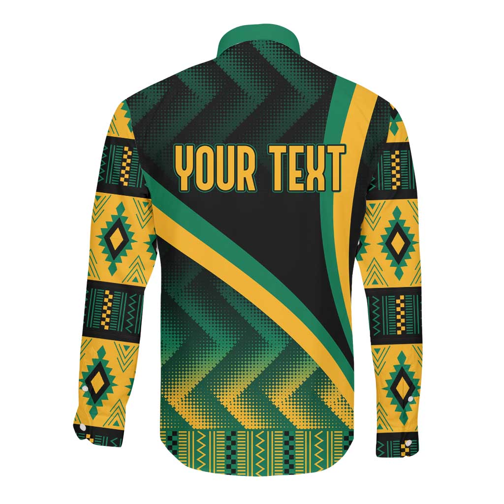 Personalised Jamaica Long Sleeve Button Shirt Kente Pattern Basic - Black