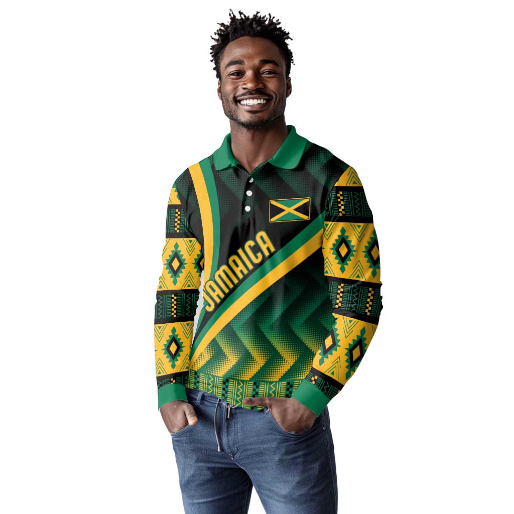 Personalised Jamaica Long Sleeve Polo Shirt Kente Pattern Basic - Black