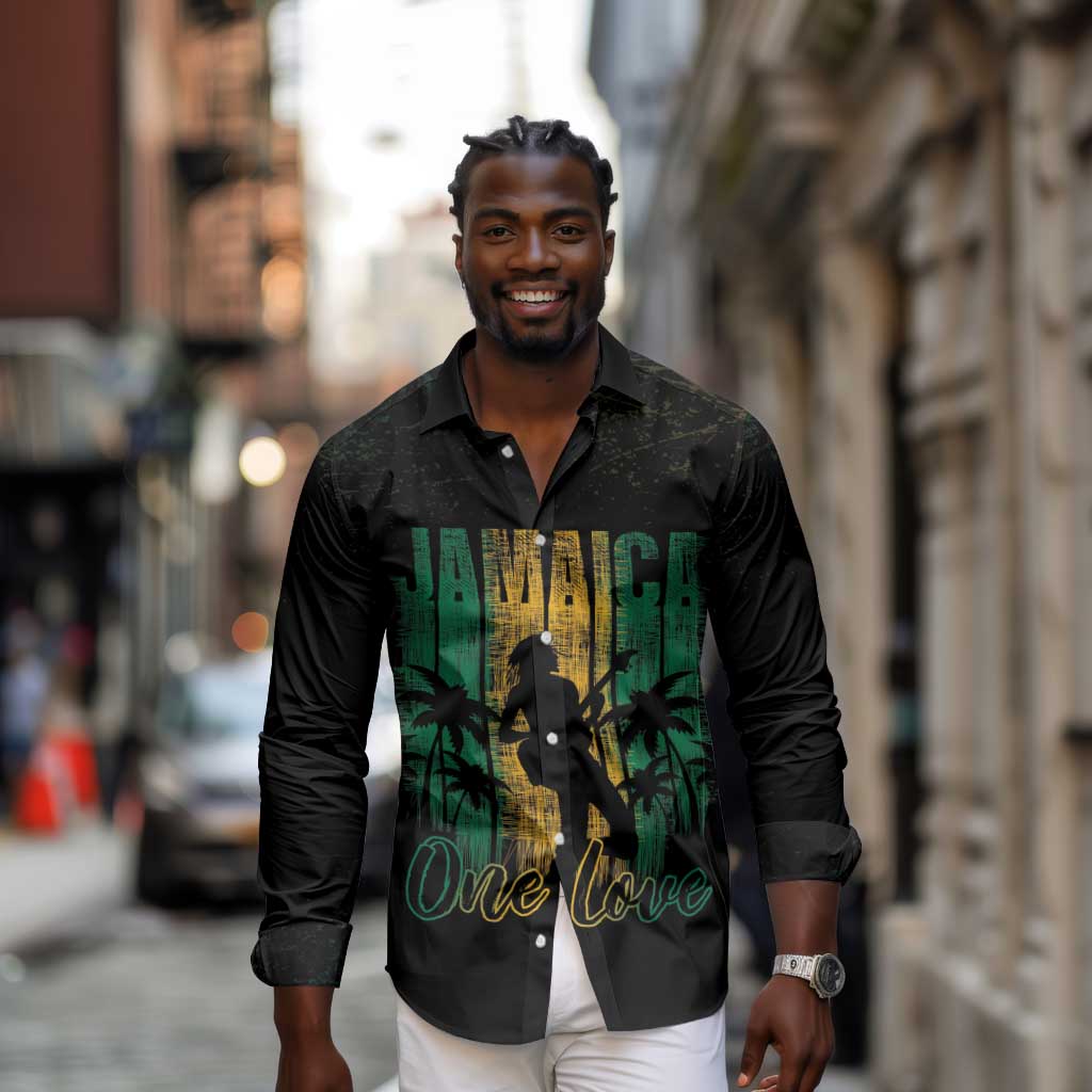 Afro-Jamaican One Love Grunge Long Sleeve Button Shirt Jamrock - African Pride