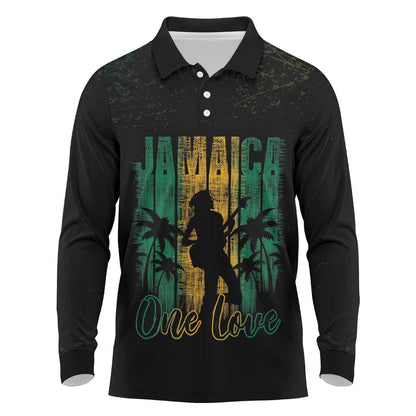 Afro-Jamaican One Love Grunge Long Sleeve Polo Shirt Jamrock - African Pride