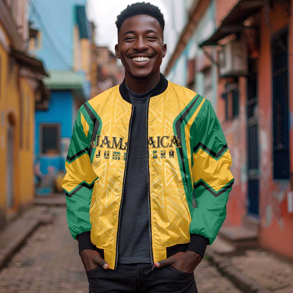Afro-Jamaica Custom Bomber Jacket Golden Ethnic Motifs