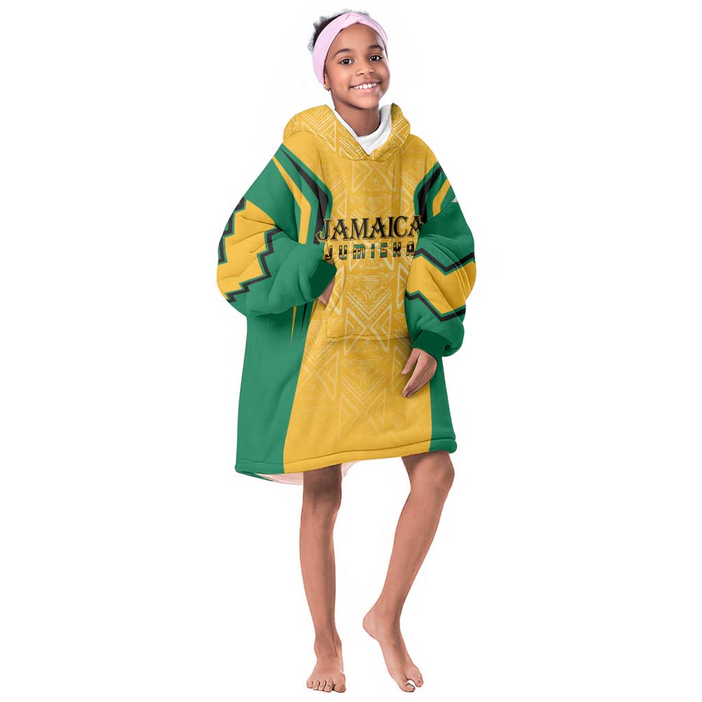 Afro-Jamaica Custom Kid Wearable Blanket Hoodie Golden Ethnic Motifs
