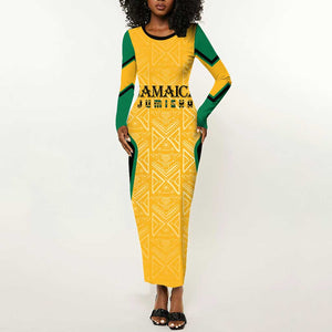 Afro-Jamaica Custom Long Sleeve Bodycon Dress Golden Ethnic Motifs LT7