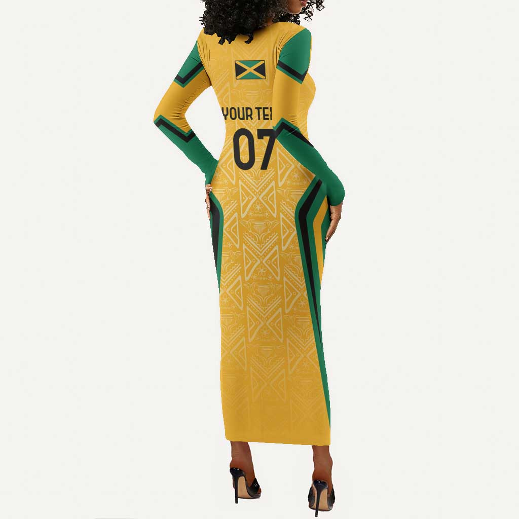 Afro-Jamaica Custom Long Sleeve Bodycon Dress Golden Ethnic Motifs LT7
