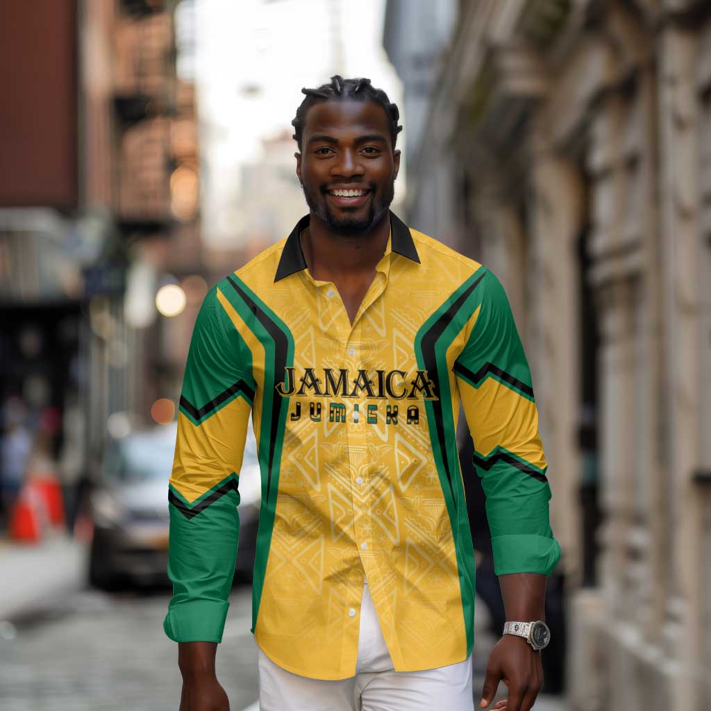 Afro-Jamaica Custom Long Sleeve Button Shirt Golden Ethnic Motifs