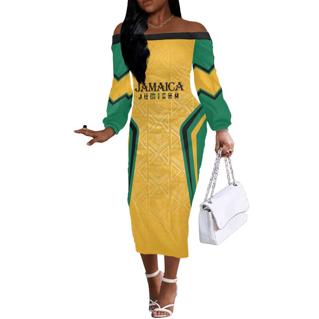 Afro-Jamaica Custom Off The Shoulder Long Sleeve Dress Golden Ethnic Motifs by AfricanPride Afro-Jamaica Custom Off The Shoulder Long Sleeve Dress Golden Ethnic Motifs by AfricanPride