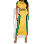 Afro-Jamaica Custom Short Sleeve Bodycon Dress Golden Ethnic Motifs LT7