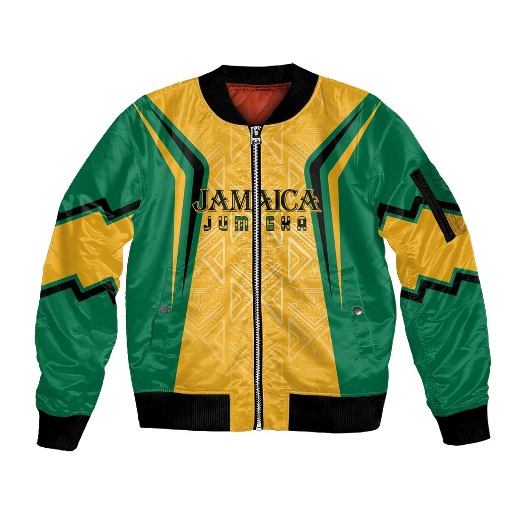 Afro-Jamaica Custom Sleeve Zip Bomber Jacket Golden Ethnic Motifs