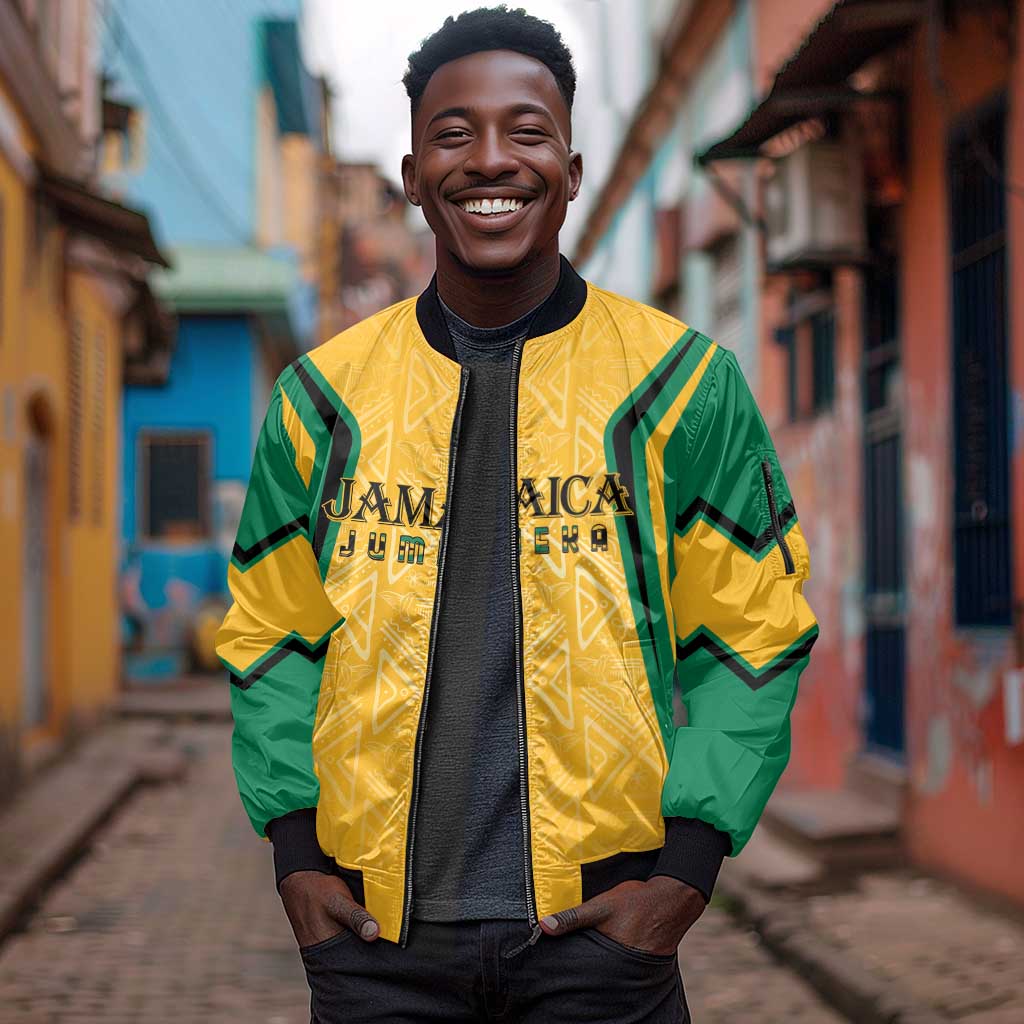 Afro-Jamaica Custom Sleeve Zip Bomber Jacket Golden Ethnic Motifs