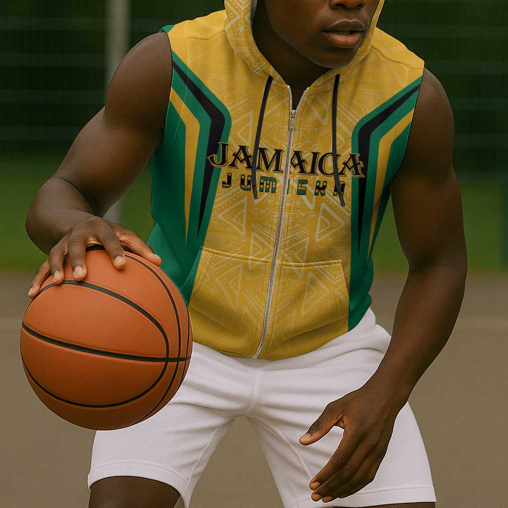 Afro-Jamaica Custom Sleeveless Zip Hoodie Golden Ethnic Motifs - African Pride