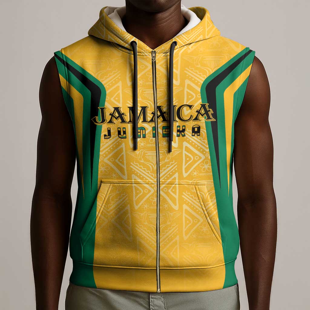 Afro-Jamaica Custom Sleeveless Zip Hoodie Golden Ethnic Motifs - African Pride