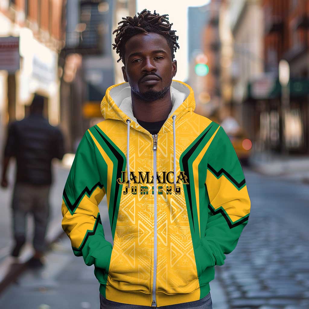 Afro-Jamaica Custom Zip Hoodie Golden Ethnic Motifs