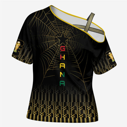 Ghana Black Star Custom Cross Shoulder Shirt Gold Ananse Spiderweb Inspired