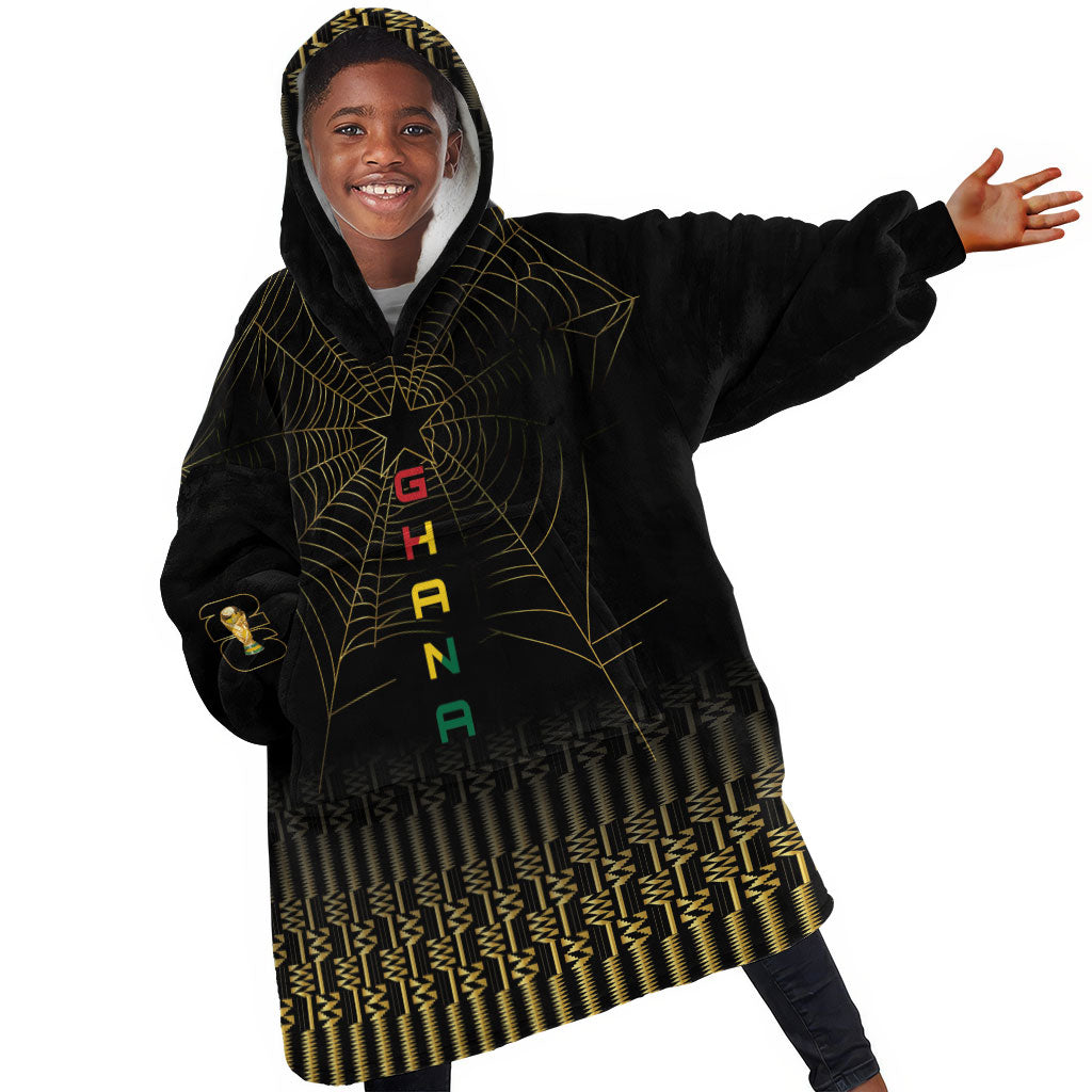 Ghana Black Star Custom Kid Wearable Blanket Hoodie Gold Ananse Spiderweb Inspired