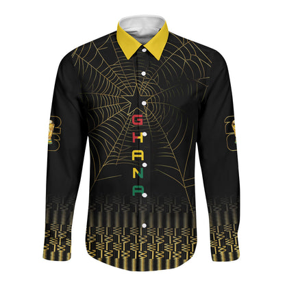 Ghana Black Star Custom Long Sleeve Button Shirt Gold Ananse Spiderweb Inspired