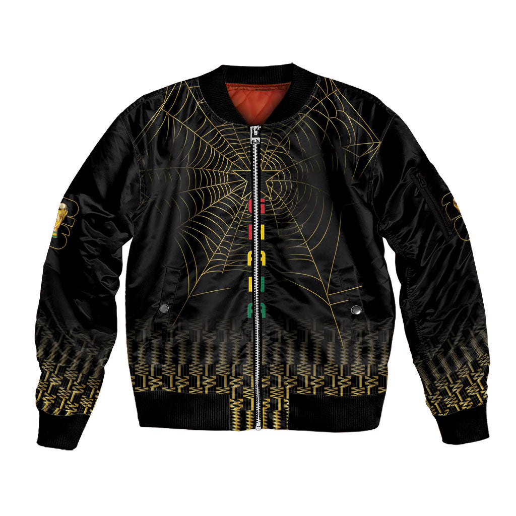 Ghana Black Star Custom Sleeve Zip Bomber Jacket Gold Ananse Spiderweb Inspired