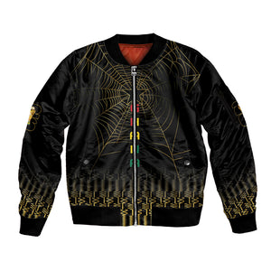 Ghana Black Star Custom Sleeve Zip Bomber Jacket Gold Ananse Spiderweb Inspired