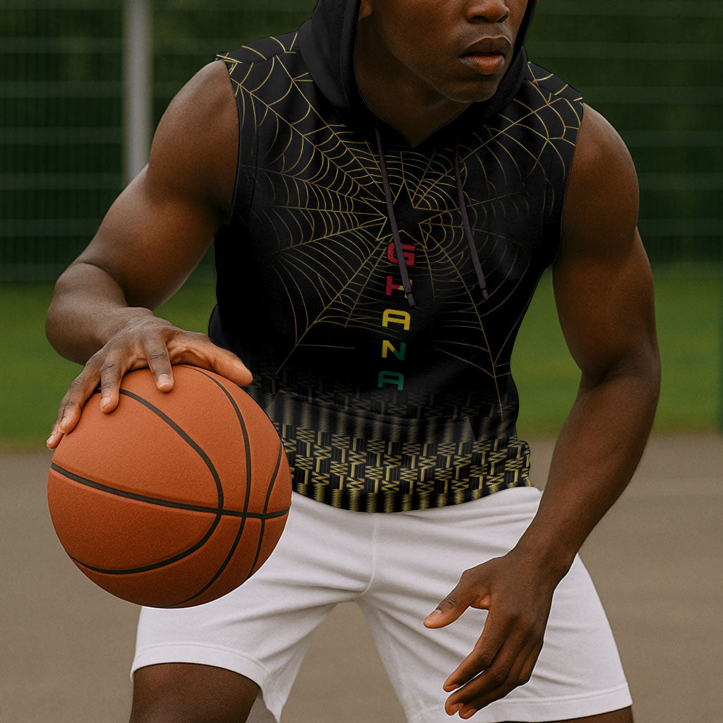 Ghana Black Star Custom Sleeveless Hoodie Gold Ananse Spiderweb Inspired