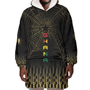 Ghana Black Star Custom Wearable Blanket Hoodie Gold Ananse Spiderweb Inspired