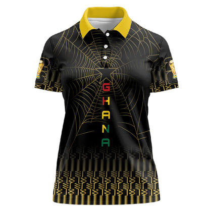 Ghana Black Star Custom Women Polo Shirt Gold Ananse Spiderweb Inspired